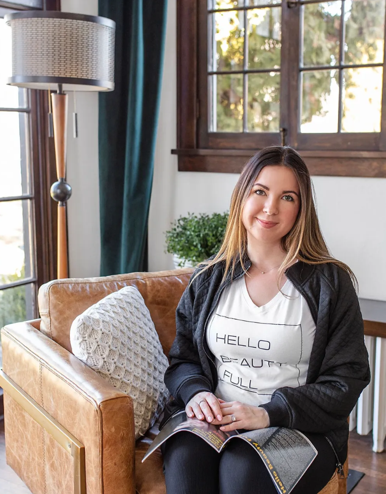 woman with hello beautiful shirt